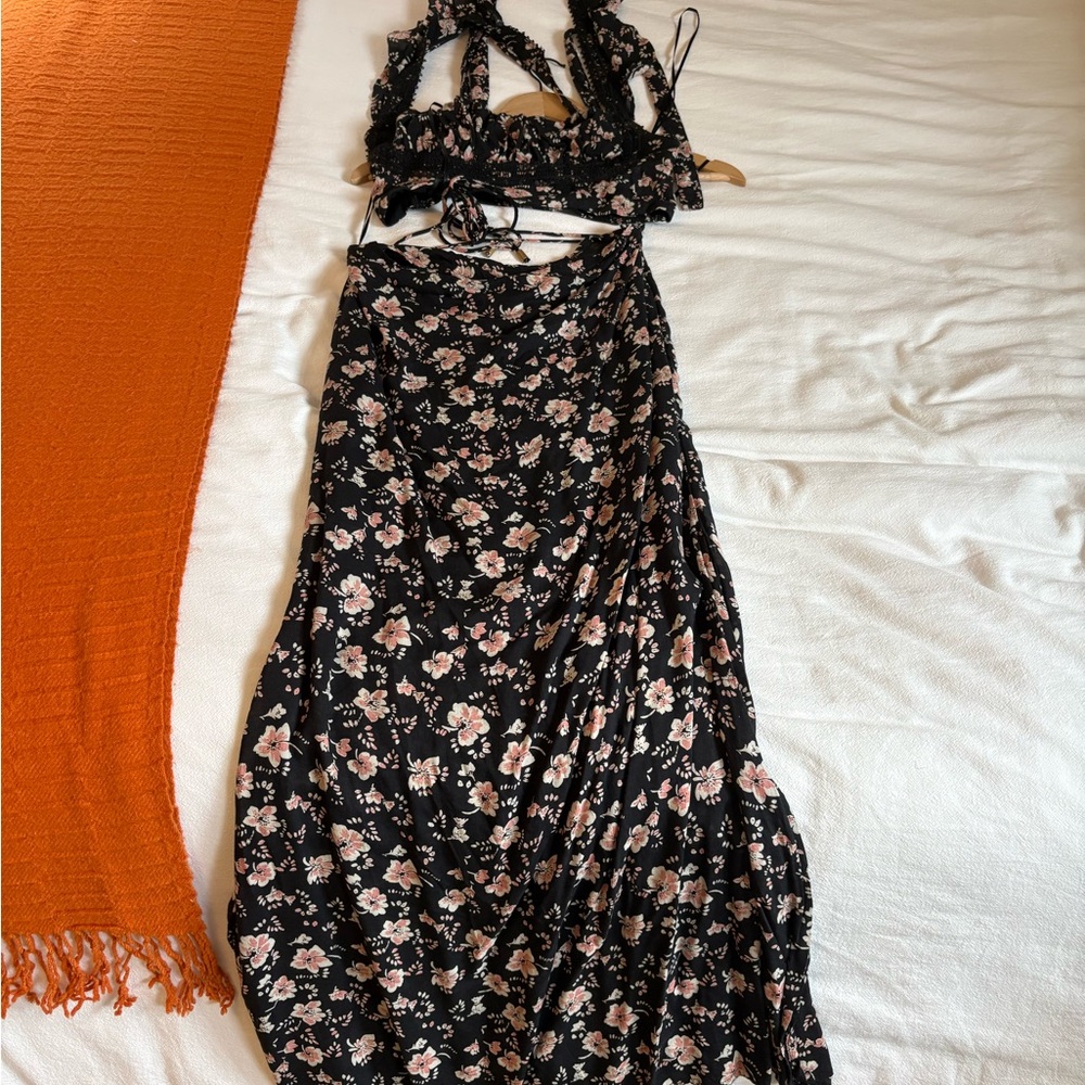 Free People Black Floral Two-Piece Maxi Set - Pink Flower Print